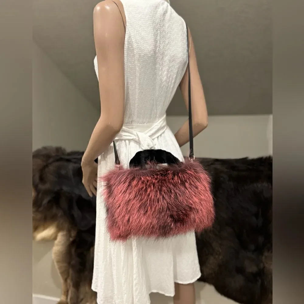 Maroon Handmade Dyed Real Fox Fur Bag With Fur Handle Includes 2 Strap Styles